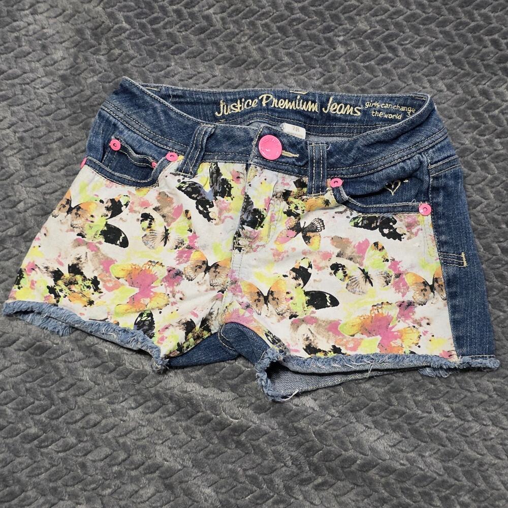 Justice Premium Denim Shorts Girls 7R Butterfly Floral Raw Hem Blue Jean Shorts